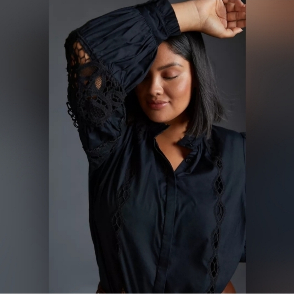 By Anthropologie Cutwork Peasant Button Down Blouse in Black